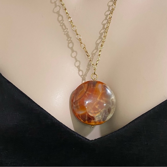 Brown Agate Semi-Precious Stone Circle Round Pendant Necklace - Picture 8 of 9